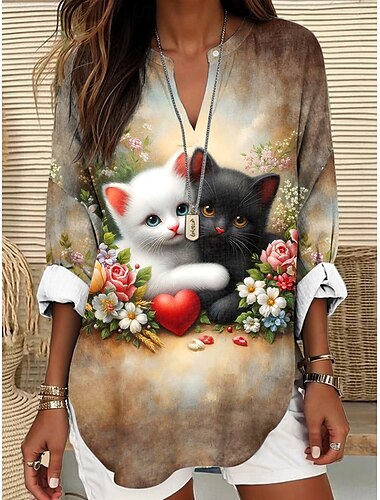  Damen Sommeroberteile Grafik Tiermotiv Katze Vintage Tropisch Hawaiianisch Langarm V Ausschnitt Normale Oberteile Täglich Ferien Strandbekleidung Druck Schwarz Weiß Leicht Braun Sommer Frühling