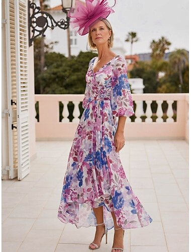  Blommönster Klänning Mor till bruden klänning Elegant Vintage V-hals Asymmetrisk Chiffong 3/4 längd ärm med spetsapplikationer Blommor Derby klänning Race Day klänning Bröllopsgäst klänning 2025