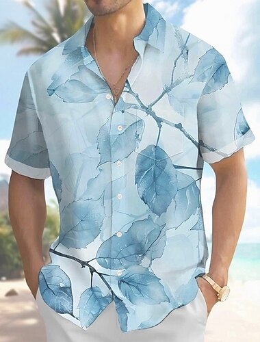  Herre Planter Tropisk blad Hawaii skjorte Button Up skjorte Aloha skjorte Kortærmet Hawaiiansk Ferie Strand Tøj Sommer Forår Aftæpning 3D-udskrivning krave skjorter Forreste en lomme Blå Grøn