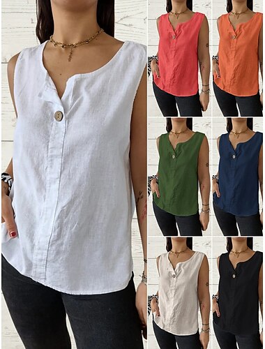  Damen Hemdchen Tanktop Einfarbig Plain Basic Ärmellos V-Ausschnitt Reguläre Tops Urlaub Knöpfe Weiß Olivgrün Rot Beige Sommer Frühjahr