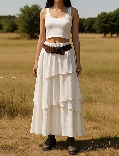  Dames Rok A-lijn Schommel Casual Boho Maxi Hoge taille Rokken Effen Lapwerk Vakantie Feestdagen Wit Zomer Polyester