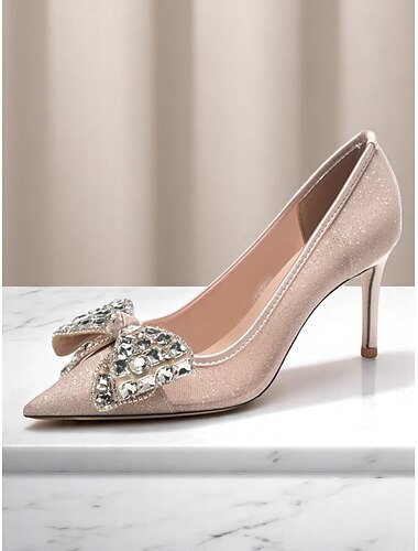 salto alto brilhante feminino com laço de strass, elegantes scarpins de bico fino para coquetéis e eventos noturnos