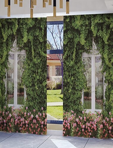  2-teilige, an der Wand montierte Vorhänge mit Pflanzenlandschaftsmuster, geeignet für Arbeitszimmer, Küche, Wohnzimmer, Schlafsaal, Stangentaschen, Schlafzimmerzubehör, Raumdekoration und