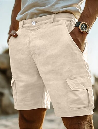  Herren Cargo-Shorts Leinenshorts Sommershorts Strandshorts Mehrere Taschen Gerader Schnitt Einfach Komfort Atmungsaktiv Knielang Outdoor Lässig Täglich Klassicher Stil Retro Vintage Weiß Marineblau