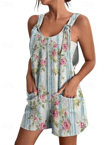  Mujer Normal Mono Casual Floral Sin Mangas Pantalones cortos holgados Cuello Barco Bolsillo Estampado Calle Diario Ajuste regular Rosa Rosa polvorienta Azul Marino Verano