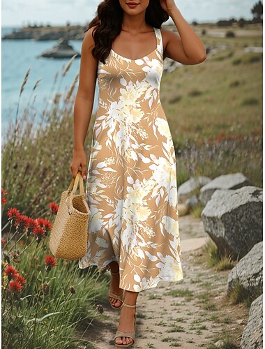  Damen Maxikleid A Linie Kleid Sommerkleid Schulterfreies Kleid Urlaub Lässig Party Date Normale Passform Blumen Grafik Ärmellos Quadrathals Gelb Blau Purpur Grün Sommer Frühling