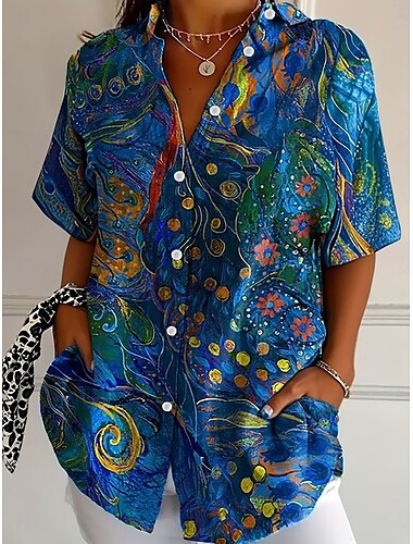  Femmes Chemise Fleuri Graphique Quotidien Occasionnel Manche Courte Col de chemise Hauts Réguliers Quotidien Bleu Été Printemps