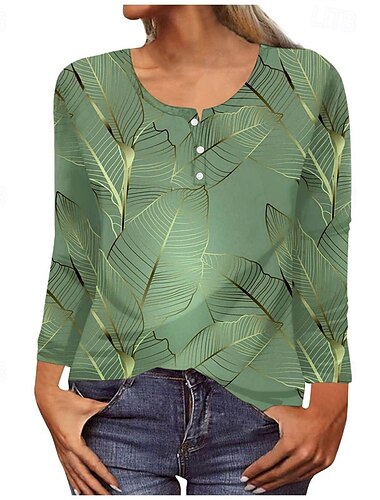  Per donna Camicia Grafico Quotidiano Elegante Essenziale Manica Lunga Girocollo Top Regolari Quotidiano Ferie Bottoni Stampato Blu Verde Grigio scuro Azzurro Primavera Autunno