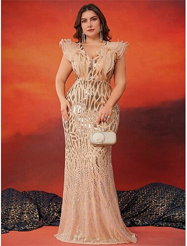  Mermaid  Trumpet Plus Size Kleider Elegantes Kurvenkleid Formelles Hochzeitsbodenlänges Ärmellos V-Ausschnitt Pailletten mit Pailletten 2025