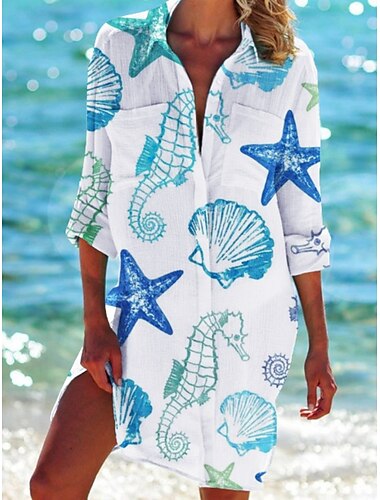  Damen Minikleid Shiftkleid Urlaub Lässig Täglich Strand Normale Passform Grafik Geometrisch Langarm Hemdkragen Weiß Rosa Blau Himmelblau Sommer Frühling
