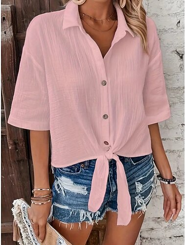  Womens Hemd Knopf-Down Bluse Einfarbig Stylisch Lässig Halbarm Hemd Knopf-Down Bluse Kragen Reguläre Tops Täglich Knöpfe Weiß Pink Grün Hellblau Sommer