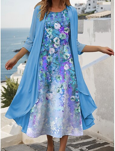  Damen Kleid-Set Shiftkleid Sommerkleid Lässig Ombre Blumen Druck Midikleid Dreiviertelarm Rundhalsausschnitt Täglich Blau Purpur Fuchsie Sommer Frühling Normale Passform