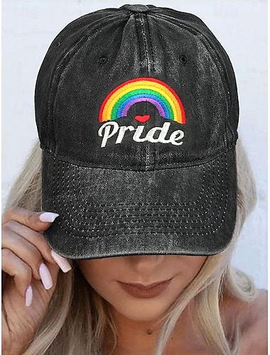  Gorra de mezclilla desgastada para mujer con arcoíris y corazones bordados: gorra de béisbol LGBTQ ajustable para desfiles del orgullo, festivales y ropa informal.