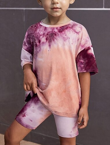  2-delig Kinderen Voor meisjes Tie Dye Ronde hals T-shirt & shorts reeks Korte mouw Modieus Buiten 4 jaar + Zomer Paars
