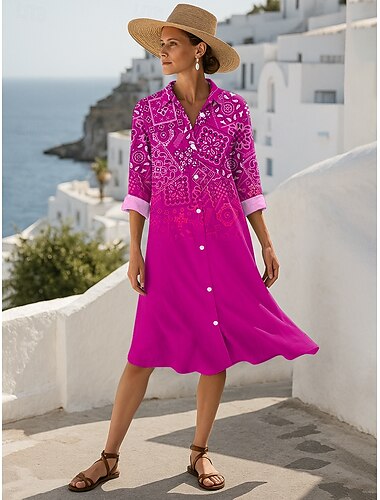  Damen Midikleid Shiftkleid Lässig Date Normale Passform Ombre Grafik Paisley-Muster Langarm Hemdkragen Rote Blau Purpur Grün Sommer Herbst