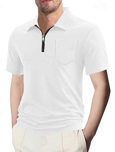  Herren Reißverschluss-Polo Waffelstrick-Poloshirt Outdoor Lässig Revers Viertelreißverschluss Kurzarm Mode Basic Einfarbig Einfach Viertel Postleitzahl Sommer Frühling Normale Passform Schwarz Wei