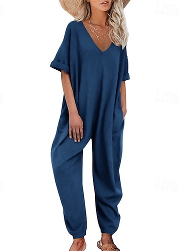  Mujer Normal Mono Elegante Color sólido Media Manga Pantalones Harén Escote en Pico Bolsillo Calle Diario Ajuste regular Negro Amarillo Rosa Verano
