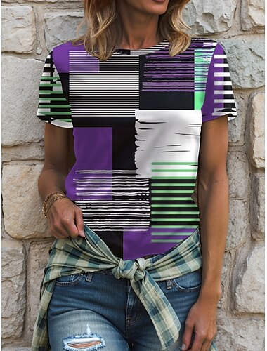  Mujer Blusa Graphic Geométrico Plaid Vintage Elegante Clásico Manga Corta Cuello Barco Escote Redondo Tops regulares Diario Bolsillo Botones Rojo Azul Piscina Morado Verde Trébol Verano Primavera
