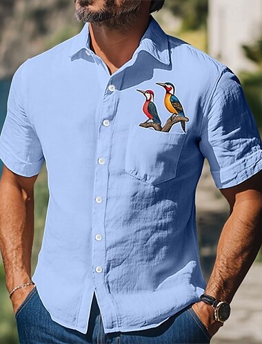  Herren Hemd Leinenhemd Sommerhemd Strandhemd Knopfhemd Tiermotiv Ferien Alltagskleidung Weiß Blau Grün Kurzarm Umlegekragen Sommer Bekleidung Fronttasche