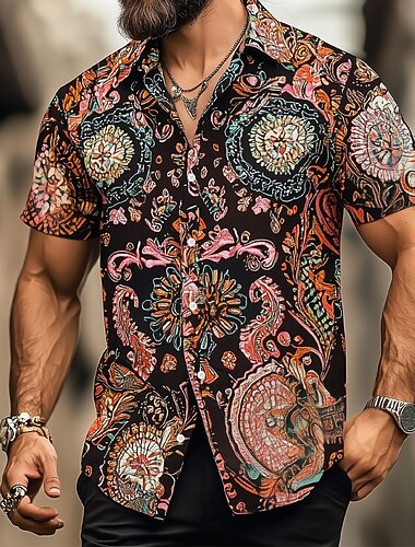  Voor heren Bloemenprint Indiaan Boho Overhemd Hawaiiaans overhemd Overhemd met knopen Korte mouw Hawaii Vakantie Feestdagen Strand Kleding Zomer Lente Strijkijzer 3D-afdrukken shirts met kraag Zwart