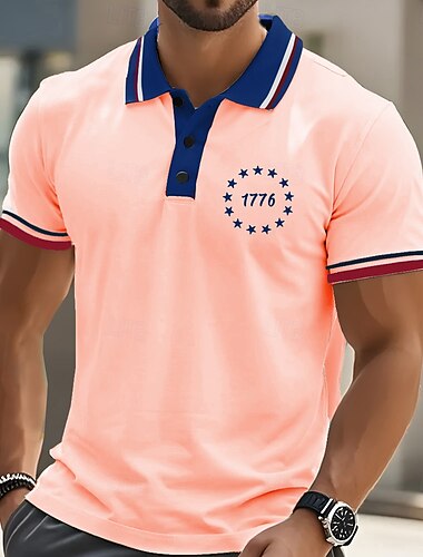  Herren Amerikanische US-Flagge Polo Kurze Ärmel Polokragen Alltagstauglich Athleisure Alltagstauglich Festival Knöpfe Sommer Weiß Blau Orange