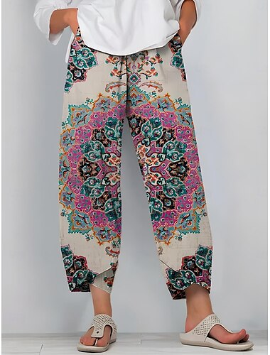 Mujer Chinos Pantalones anchos Pantalones cortos de playa Vacaciones Vintage Estilo Étnico Hasta el Tobillo Alta cintura Graphic Retazos Correa Estampado Mantiene abrigado Transpirable Suave