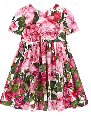  Kinder Mädchen Kleid Blume Kurzarm Outdoor Gerafft Niedlich Basic Baumwolle Knielang Freizeitkleid Blumenkleid Sommer Ab 4 Jahren Rosa