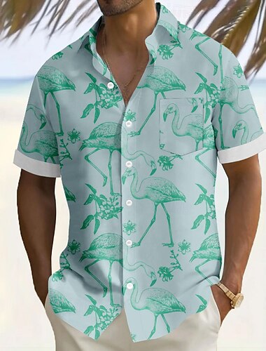  Herren Flamingo Vogel Sommer Hawaiihemd Knopfhemd Alohahemd Kurzarm Hawaiianisch Urlaub Ferien Strandbekleidung Sommer Umlegekragen 3D-Druck Eine Tasche vorne Leinenähnliches Hemd Rosa Blau Grün