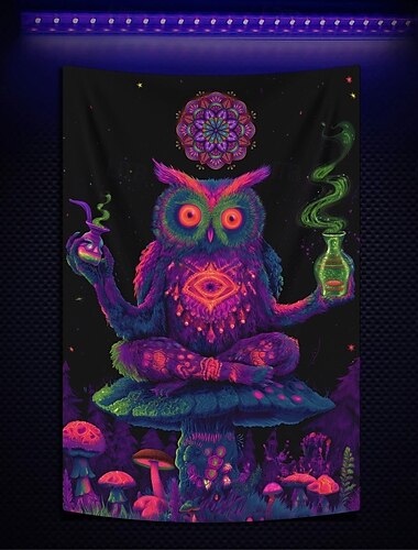 Blacklight Wandteppich Leuchtet im Dunkeln Glow Party UV Reaktiv Tier Eulen Trippy Misty Hängender Wandteppich Wandkunst Mural für Wohnzimmer Schlafzimmer