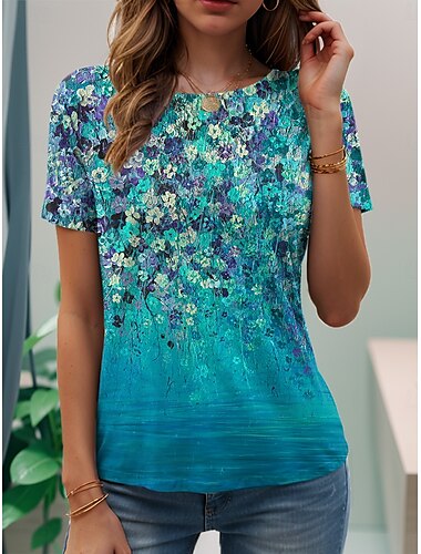  Damen T Shirt Blumen Grafik Pflanzen Vintage Stilvoll Klassisch Kurzarm Rundhalsausschnitt Rundhals Normale Oberteile Täglich Druck Blau Regenbogen Sommer Frühling