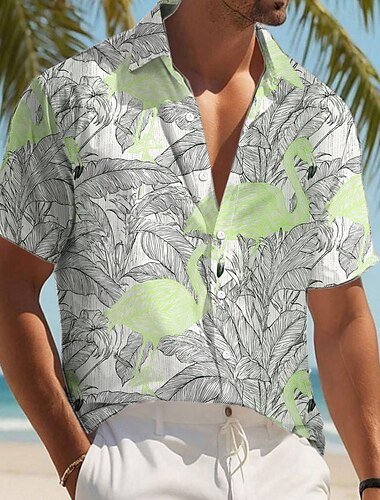  Herren Flamingo Vogel Palmblatt Hemd Sommer Hawaiihemd Knopfhemd Kurzarm Hawaiianisch Resort Urlaub Ferien Strandbekleidung Sommer Frühling Umlegekragen 3D-Druck Hemden mit Kragen Rosa Blau Grün