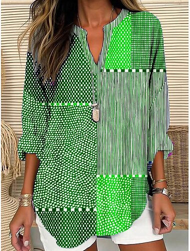  Damen Bluse Grafik Geometrisch Tupfen Elegant Stilvoll Langarm V Ausschnitt Normale Oberteile Täglich Ferien Druck Rosa Blau Orange Grün Sommer Frühling