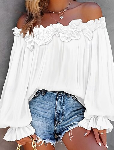  Mujer Camisa Blusa Plano Moderno Casual Manga Larga Hombros Caídos Tops regulares Diario Festivos Noche Volante Espalda al Aire Negro Blanco Rosa Azul Piscina Verano