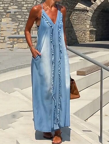  Damen Langes Kleid Maxikleid Leinen-inspirierte Kleider Baumwoll-Leinen-Kleider Unterkleid Boho-Kleid Vintage Mode Outdoor Party Ferien Normale Passform Ombre Ärmellos V Ausschnitt Schwarz Weiß Blau