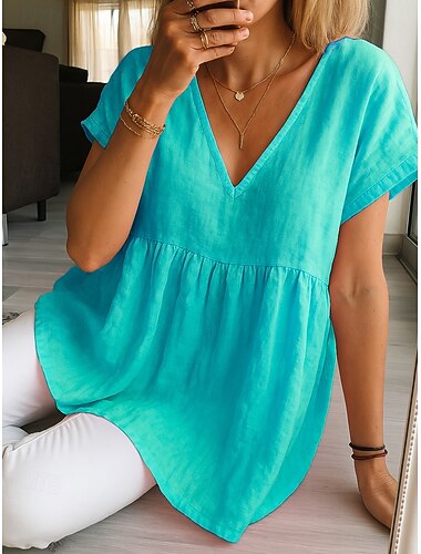  Mulheres Mistura de Algodão Tops de verão Casual Manga Curta Decote V Tops regulares Verde Claro Rosa Vermelho Azul empoeirado Verão