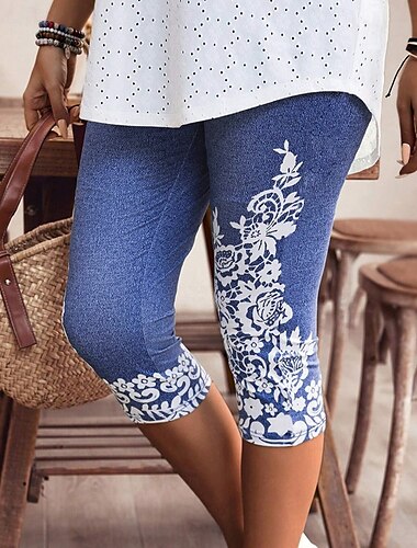  Mujer Pantalones Capri Polainas Ropa de calle Casual Medio corto Cintura Media Floral Estampado Al Aire Libre Cómodo Exterior Festivos Casual Diario Azul Piscina Verano Ajuste regular
