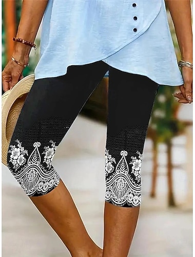  Leggings pour femmes Pantalons capri Haute élasticité Vacances Mode Hawaïenne Longueur mollet Taille mi-haute Impression florale graphique Respirant Doux Vacances Décontracté Quotidien Bleu lac Noir