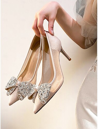  talons hauts pailletés pour femmes avec nœud en strass, escarpins élégants à bout pointu pour cocktails et soirées