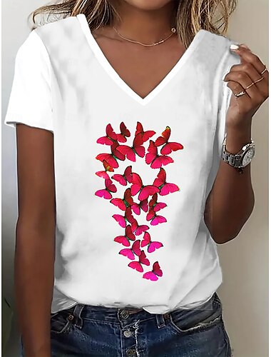  Per donna Maglietta Top estivi Grafico Farfalla Classico Casual Manica Corta Scollo a V Top corti Quotidiano Weekend Stampato Rosso Azzurro cielo Viola Estate Primavera Autunno