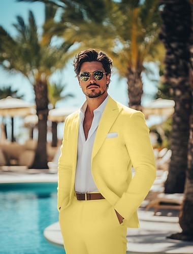  Menn Lindresser Strandbryllup Avslappet Påskelilje Beige Sommer Dress Spissjakkeslag Mote Fritid Ensfarget Standard passform 2-delt sett Enkelt Brystet Enn-knapp