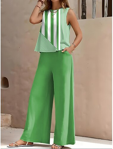  Set di pantaloni da vacanza per donne in 2 pezzi senza maniche girocollo grafica a righe casual blu verde khaki estate vestibilità ampia