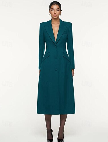  Vestido Blazer A-Line Mãe da Noiva Vestido Terno Vestido Elegante Simples Minimalista Formal Decote V Cintura Justa Comprimento do Chão Crepe Stretch Manga Longa Bolso de Flape com Botões Cobertos