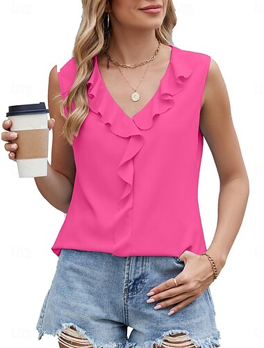  Damen Camisole-Tanktop Einfarbig Täglich Lässig Ärmellos V Ausschnitt Normale Oberteile Täglich Rüsche Schwarz Weiß Blau Fuchsie Sommer