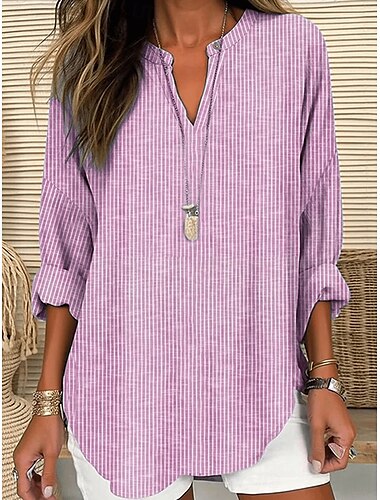  Damen Bluse Grafik Gestreift Elegant Stilvoll Langarm V Ausschnitt Normale Oberteile Täglich Ferien Druck Rosa Blau Grün Grau Sommer Frühling