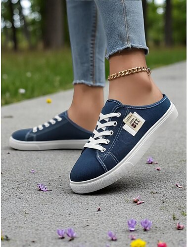  Grüne Slip-On-Sneaker aus Canvas für Damen mit Schnürung – bequeme Sneaker ohne Fersenriemen, ideal zum Spazierengehen, Einkaufen, für den Schulweg und entspannte Sommertage