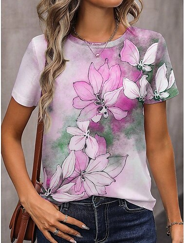  Damen T Shirt Blumen Grafik Vintage Klassisch Lässig Kurzarm Rundhalsausschnitt Normale Oberteile Täglich Wochenende Druck Gelb Blau Purpur Grün Grau Sommer
