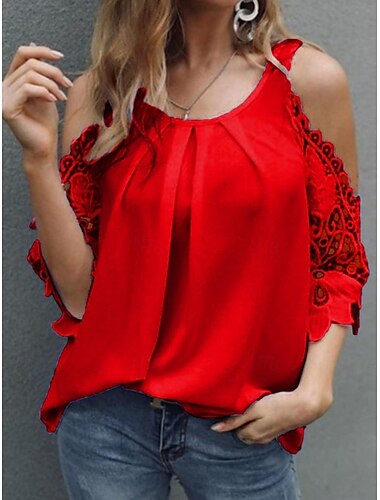  Women's Blouse Lace Splicing Top Solid Color Elegant Stylish Basic 3/4 Length Sleeve Strap Regular Tops Daily Lace Patchwork Black White Pink Red Summer