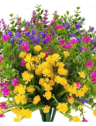  6 paquetes de flores artificiales para exteriores, ramos de calas artificiales y césped primaveral, plantas artificiales de plástico resistentes a los rayos UV para jardín, bodas, hogar, decoración de