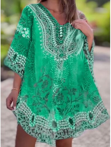  Pentru femei Rochie Mini Rochie A line Casual Boho Zilnic Concediu Plajă Fit regulat Grafic Lungime Manșon 3/4 În V Roșu-aprins Albastru piscină Trifoi Vară Primăvară
