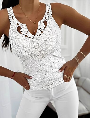  Débardeur pour femmes unicolore élégant décontracté sans manches col en V hauts réguliers quotidiens vacances dentelle froncée noir blanc rose vert été printemps